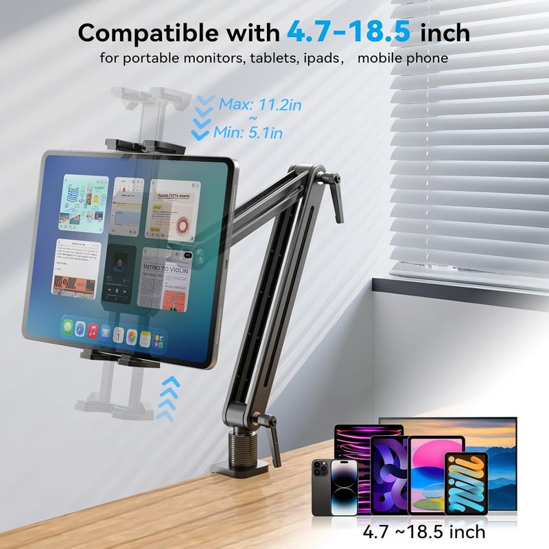 Jakeko Adjustable Portable Monitor Stand 15.6" - 360° Rotating Base Tall Tablet Desk Arm Holder Stand for iPad Air/Pro/Mini Swivel Flexible Bed Clamp Mount Soporte para Tablet/Monitor Portatil/Ereader - Image 2
